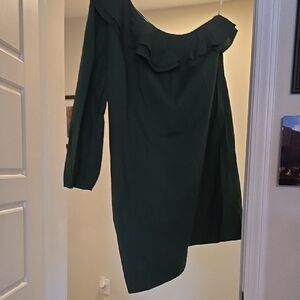 J. Crew Forest Green One-Shoulder Ruffle Dress